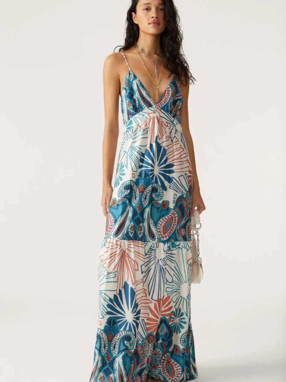 ba&sh Joyce Slip Maxi Dress Strappy Tiered Skirt Boho Paisley Retro Floral Teal